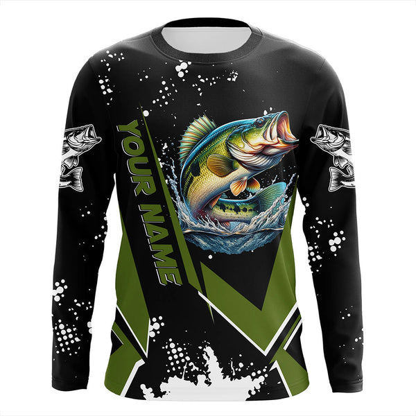 Maxcorners Personalized Largemouth Bass Fishing Jerseys, Black and Green Bass Fishing Tournament Shirts MT2108