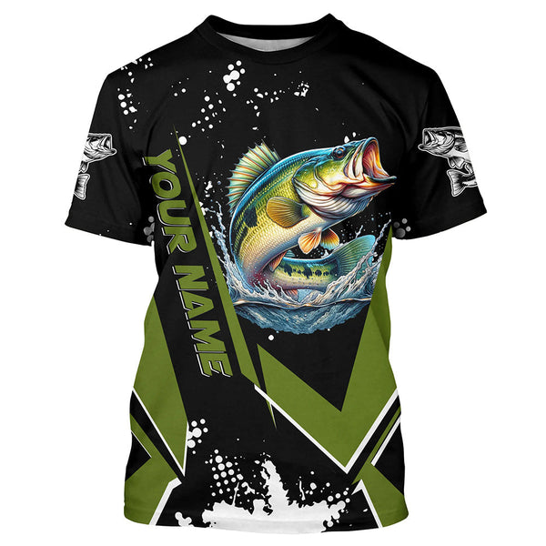 Maxcorners Personalized Largemouth Bass Fishing Jerseys, Black and Green Bass Fishing Tournament Shirts MT2108
