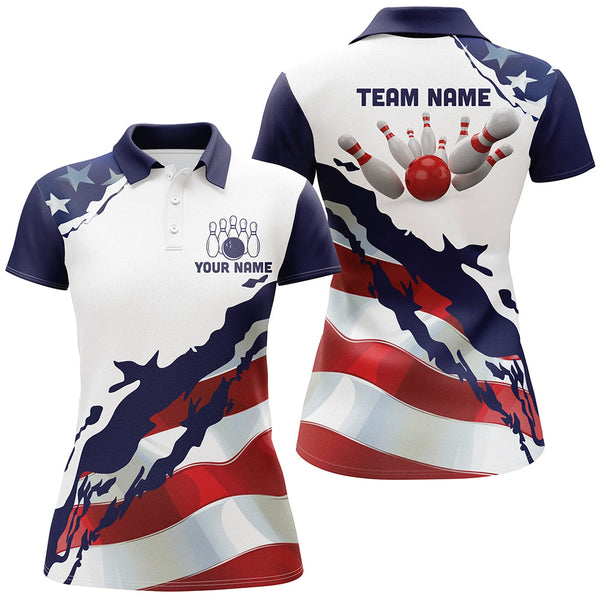 Maxcorners Red, white and blue American Flag Bowling shirts for Women Custom patriotic Bowling Team Jerseys