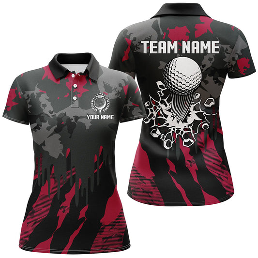 Maxcorners Black And Red Camo Pattern Mens Golf Polo Shirts Custom Mens Golf Tops, Cool Golf Gifts
