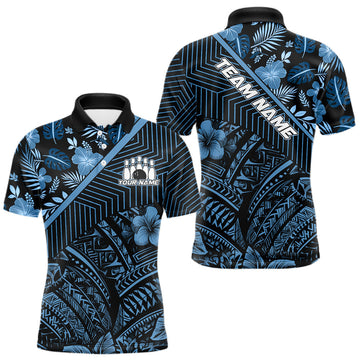 Maxcorners Black and Blue tribal pattern Bowling Polo, 1/4 zip Shirts For Men Custom Team Bowling Jerseys