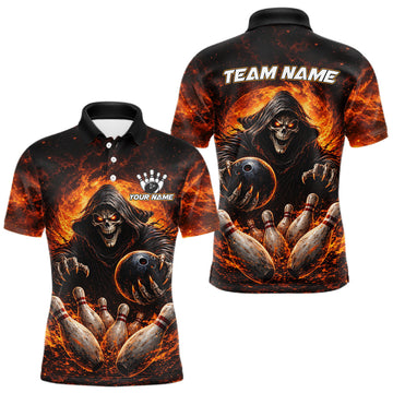 Maxcorners Personalized Skull Bowling Polo, 1/4 zip Jerseys for Men Custom Black and Orange Bowling Team shirts