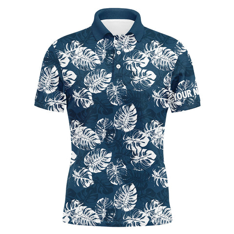 MaxCorners Golfs Blue Tropical Monstera Leaves Pattern Customized Name 3D Polo Shirt For Men
