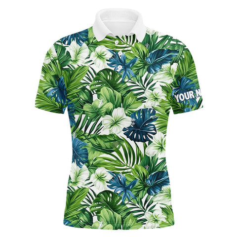 MaxCorners Golfs Green Tropical Flower Leaves Pattern Customized Name 3D Polo Shirt For Men