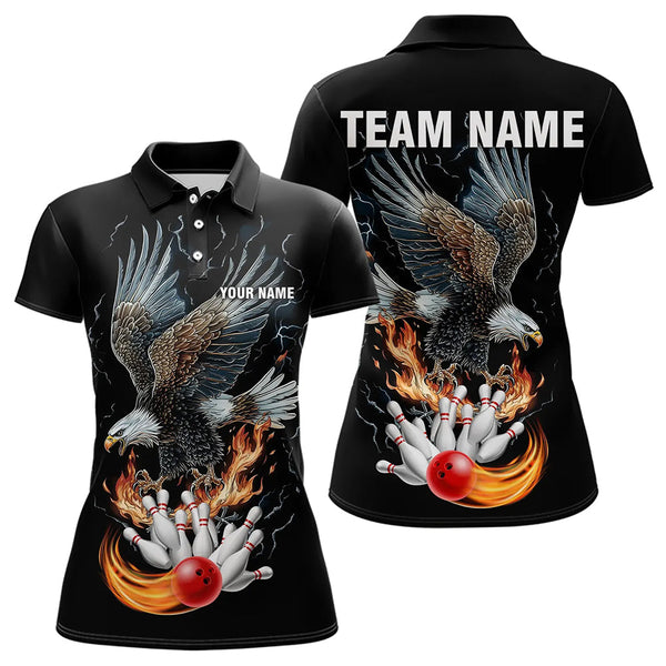 Maxcorners Black Mens Bowling Polo, 1/4 Zip Shirt Custom Flame Eagle Lightning bowling outfit gifts for bowlers LM133 