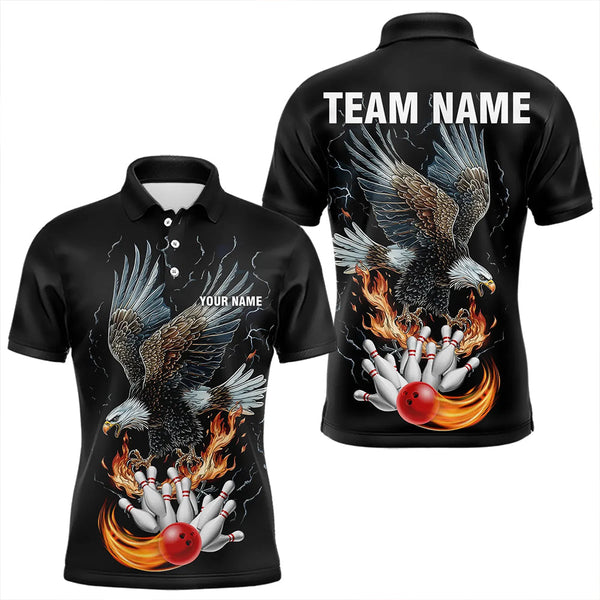 Maxcorners Black Mens Bowling Polo, 1/4 Zip Shirt Custom Flame Eagle Lightning bowling outfit gifts for bowlers LM133 