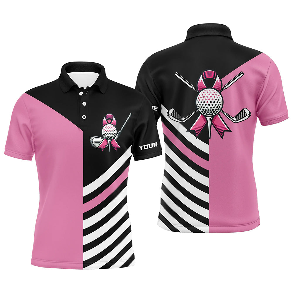 Maxcorners Black and Pink ribbon golf ball clubs Men golf polo shirts custom Breast Cancer awareness golf shirts