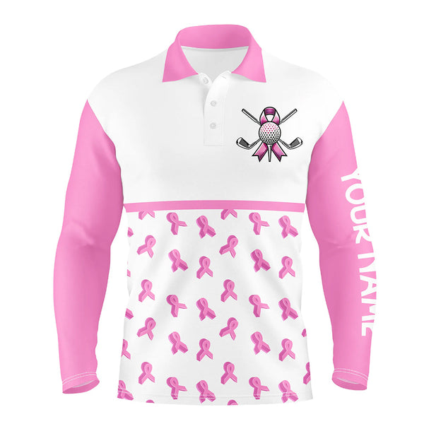 Maxcorners Pink ribbons pattern Mens golf polo shirts custom breast cancer awareness month shirts men golf outfit