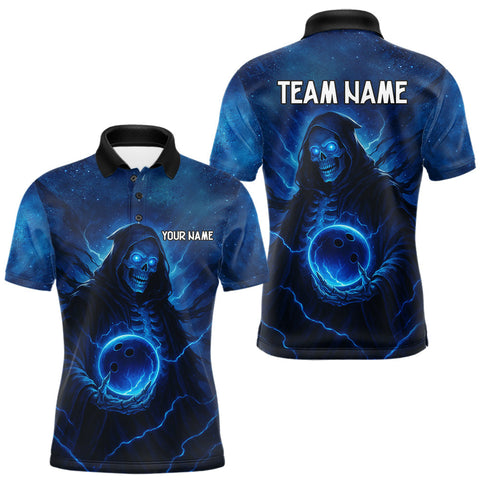 Maxcorners Blue Thunder Lightning Skull Reaper Bowling Shirts For Men Custom Team Bowling Jerseys For Bowlers TU1509