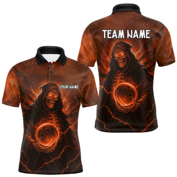 Maxcorners Orange Thunder Lightning Skull Reaper Bowling Shirts For Men Custom Halloween Team Bowling Jerseys