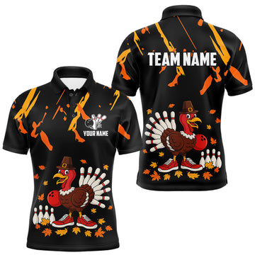Maxcorners Custom Turkey Bowling Shirts For Men, Black and Orange Thanksgiving Autumn Team Bowling Jersey LM1903