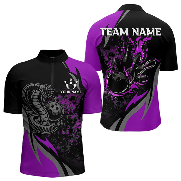 Maxcorners Black And Purple Flame Cobra Snake Bowling Shirts For Men Custom Name Bowling Team League Shirt