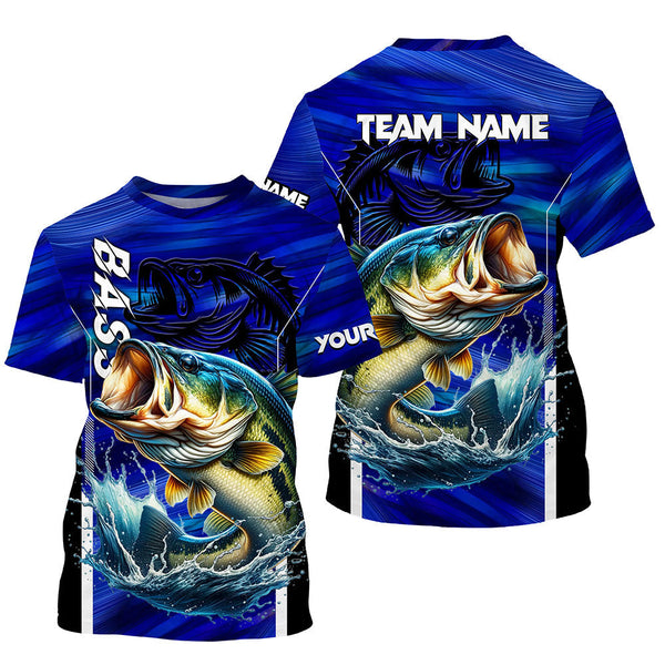 Maxcorners Largemouth Bass Fishing Custom long sleeve performance fishing shirts, team fishing shirt | Blue MT2108