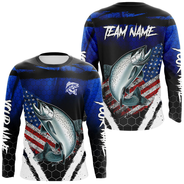 Maxcorners Salmon fishing American Flag Custom patriotic long sleeve team Salmon fishing shirts | Blue LM1809