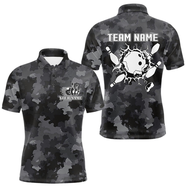 Maxcorners Bowling Polo, Quarter Zip shirts For Men Custom bowling ball and pins black camo Bowling Team Jersey LM1610