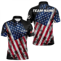Maxcorners Smoke American Flag Black Bowling Polo, Quarter Zip Shirt For Men And Women Custom Patriotic Team Bowling Jersey