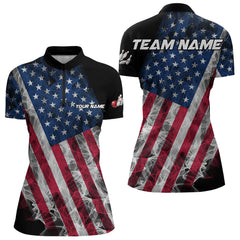 Maxcorners Smoke American Flag Black Bowling Polo, Quarter Zip Shirt For Men And Women Custom Patriotic Team Bowling Jersey