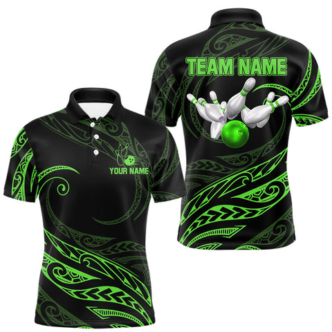 Maxcorners Black and Green Tribal Pattern Bowling Polo, Quarter Zip shirts For Men Custom Team Bowling Jerseys LM1708