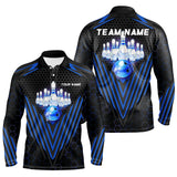 Maxcorners Black and Blue Mens Bowling Polo, Quarter zip shirts Custom Team Bowling Jerseys, Bowling uniforms