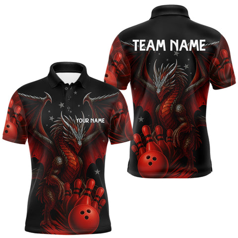 Maxcorners Black And Red Dragon Bowling Shirts For Men Custom Name Team Bowling League Jersey, Bowling Gifts MT1511