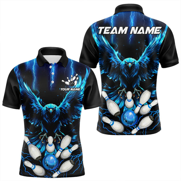 Maxcorners Custom Blue Lightning Thunder Eagle Men Bowling Polo, Quarter Zip Shirts Bowling Team Jerseys Outfits