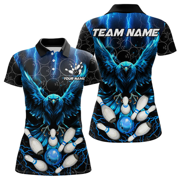 Maxcorners Custom Blue Lightning Thunder Eagle Men Bowling Polo, Quarter Zip Shirts Bowling Team Jerseys Outfits