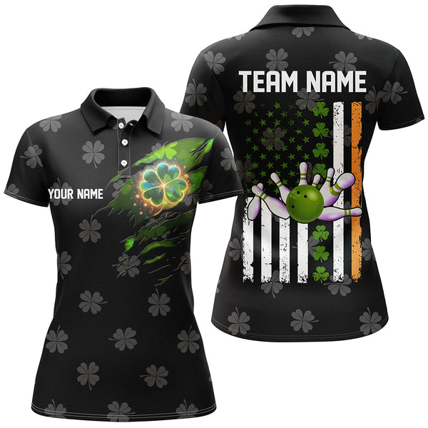 Maxcorners Bowling And Pins Black Camo Clovers American Flag St Patrick Day Customized Name, Team Name 3D Polo Shirt