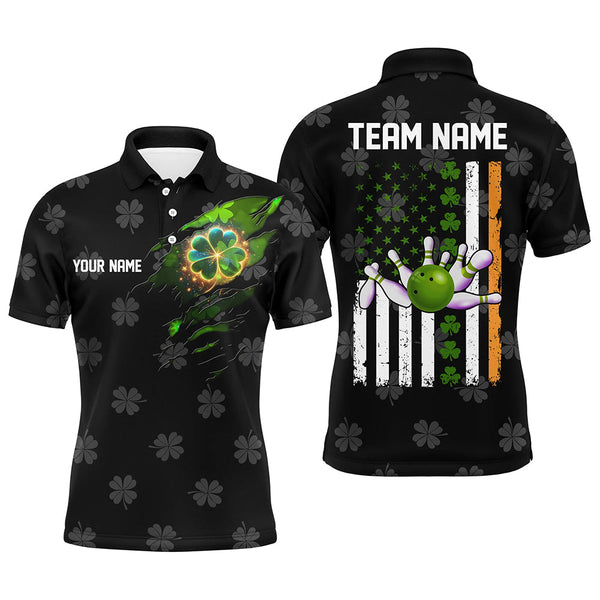 Maxcorners Bowling And Pins Black Camo Clovers American Flag St Patrick Day Customized Name, Team Name 3D Polo Shirt