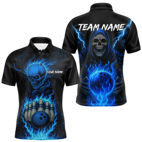 Maxcorners Blue Flame Lightning Thunder Skull Reaper Bowling Shirts for Men Custom Bowling Team League Jersey MT1810