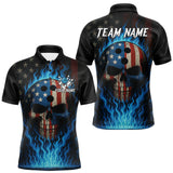 Maxcorners Personalized Blue Flame American Flag Skull Patriotic Bowling Polo, Quarter Zip Shirts for Men MT1810