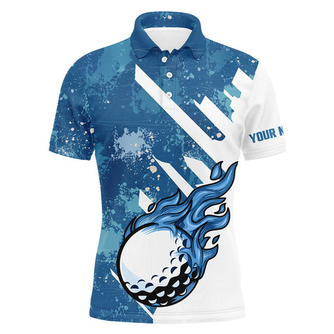 MaxCorners Golfs Blue And White Golf Ball Flame Customized Name 3D Polo Shirt For Men