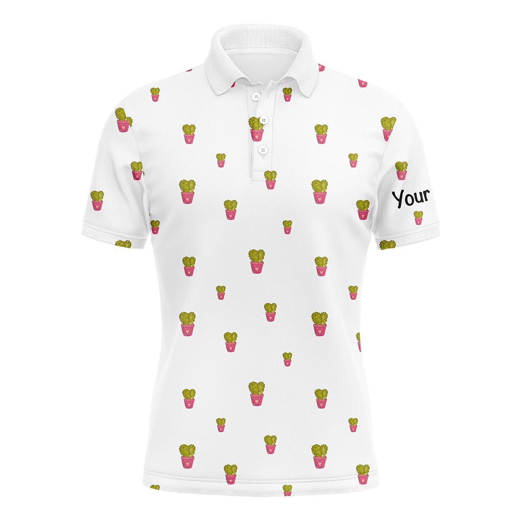 Maxcorners Personalized cute cactus white pattern mens golf polo shirts custom cactus golf shirt, golfer gifts