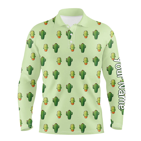 Maxcorners Personalized Green Cactus In Pot pattern mens golf polo shirts custom cactus golf shirt, golfer gifts