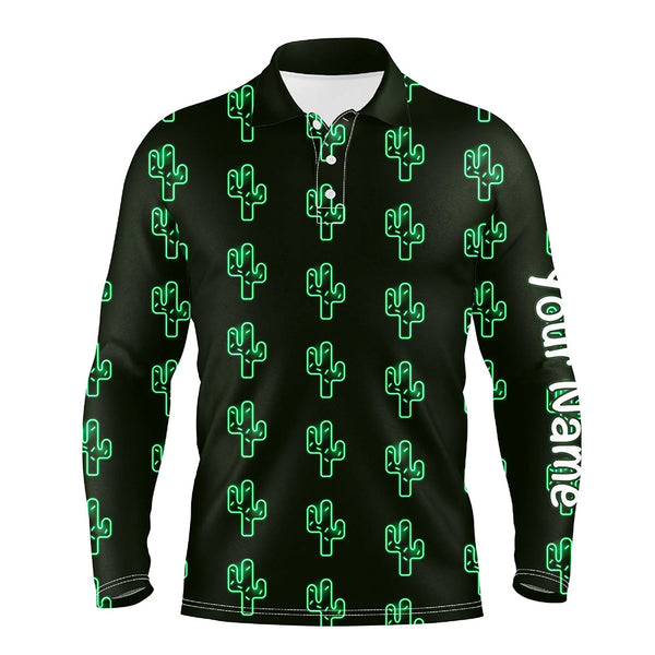 Maxcorners Personalized Green neon Cactus pattern mens golf polo shirts custom cactus golf shirt, golfer gifts