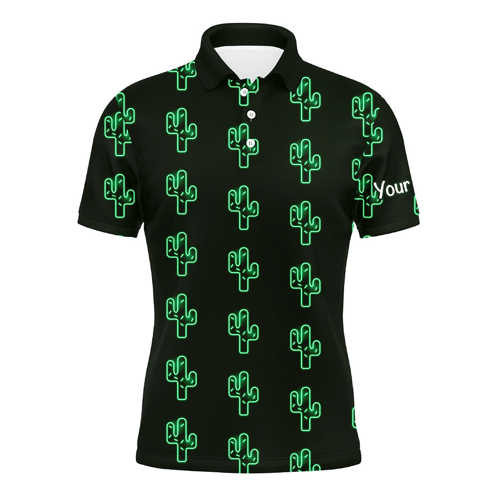 Maxcorners Personalized Green neon Cactus pattern mens golf polo shirts custom cactus golf shirt, golfer gifts