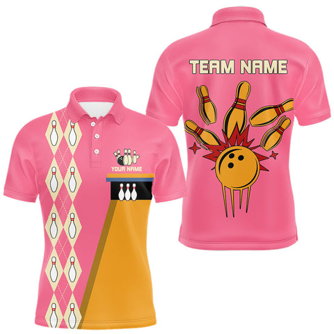 Maxcorners Pink and Yellow Retro Bowling Polo, Quarter Zip shirt for Men Custom vintage team bowling jersey LM1809