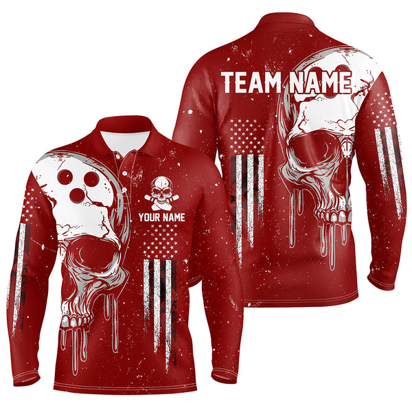 Maxcorners Personalized Red And White Grunge American Flag Skull Bowling Team Shirts, Patriotic Bowling Jerseys
