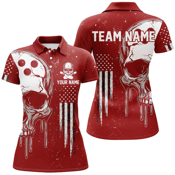 Maxcorners Personalized Red And White Grunge American Flag Skull Bowling Team Shirts, Patriotic Bowling Jerseys