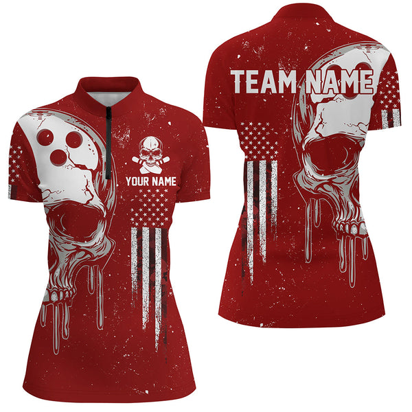 Maxcorners Personalized Red And White Grunge American Flag Skull Bowling Team Shirts, Patriotic Bowling Jerseys