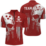 Maxcorners Personalized Red And White Grunge American Flag Skull Bowling Team Shirts, Patriotic Bowling Jerseys
