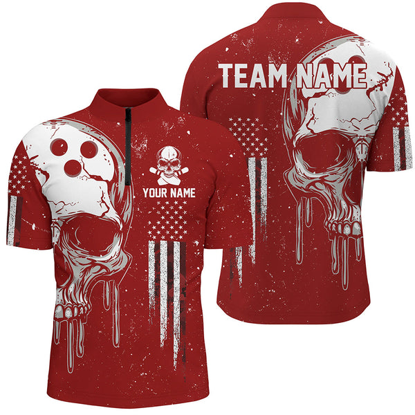 Maxcorners Personalized Red And White Grunge American Flag Skull Bowling Team Shirts, Patriotic Bowling Jerseys