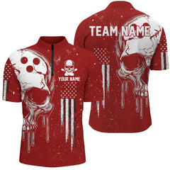 Maxcorners Personalized Red And White Grunge American Flag Skull Bowling Team Shirts, Patriotic Bowling Jerseys