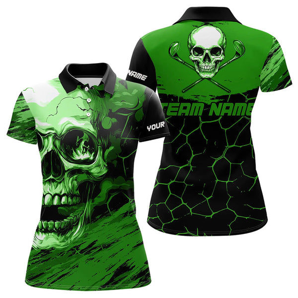 Maxcorners Black And Green Skull Golf Custom Men Golf Polo Shirts, Personalized Golf Tournament Jerseys For Team