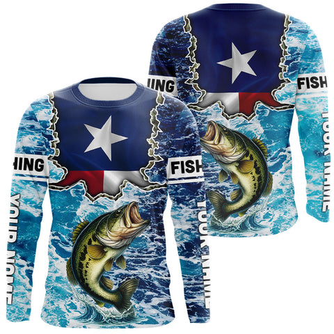 Maxcorners Texas Bass Fishing blue ocean camo custom Largemouth Bass long sleeves performance fishing shirts  LM0607