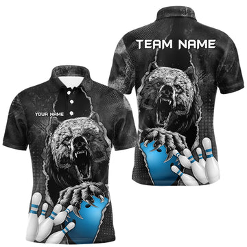 Maxcorners Blue and Black Bear grunge Custom Men Bowling Polo, Quarter Zip Shirts Bowling Team Jerseys Outfits