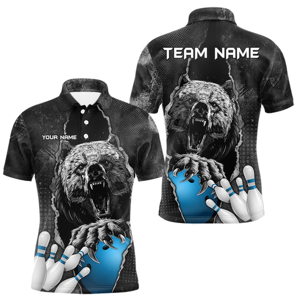 Maxcorners Blue and Black Bear grunge Custom Men Bowling Polo, Quarter Zip Shirts Bowling Team Jerseys Outfits TU2606