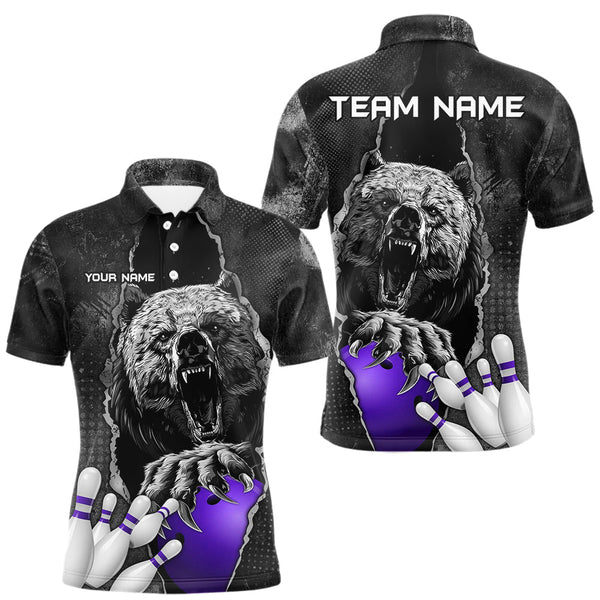 Maxcorners Purple and Black Bear grunge Custom Men Bowling Polo, Quarter Zip Shirts Bowling Team Jerseys TU2606
