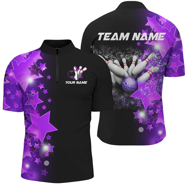 Maxcorners bowling Polo, Quarter Zip shirts Custom Purple Stars Bowling Team Bowlers Jersey