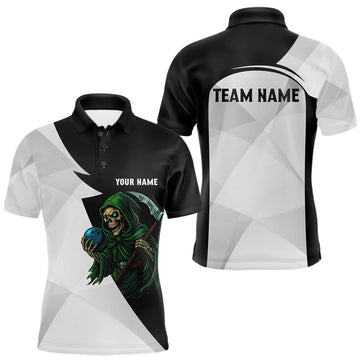 Maxcorners Black and White Funny Skull reaper Bowling Polo, 1/4 Zip Shirts For Men Custom Team Bowling Jersey