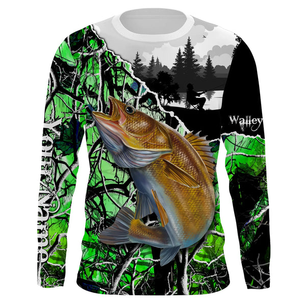 MaxCorners Walleye Fishing Green Camo Tournament Customized Name 3D Long Sleeve Shirt